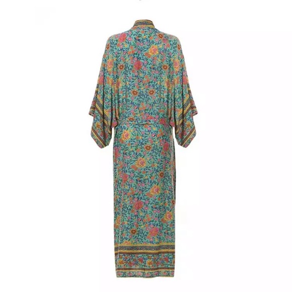 Boho Turquoise Floral Kimono Duster Long Robe - Picture 8 of 9